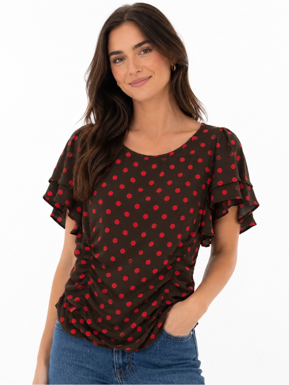 Anthropologie Amadi Polka Dot Cinched Side Blouse Brown & Red